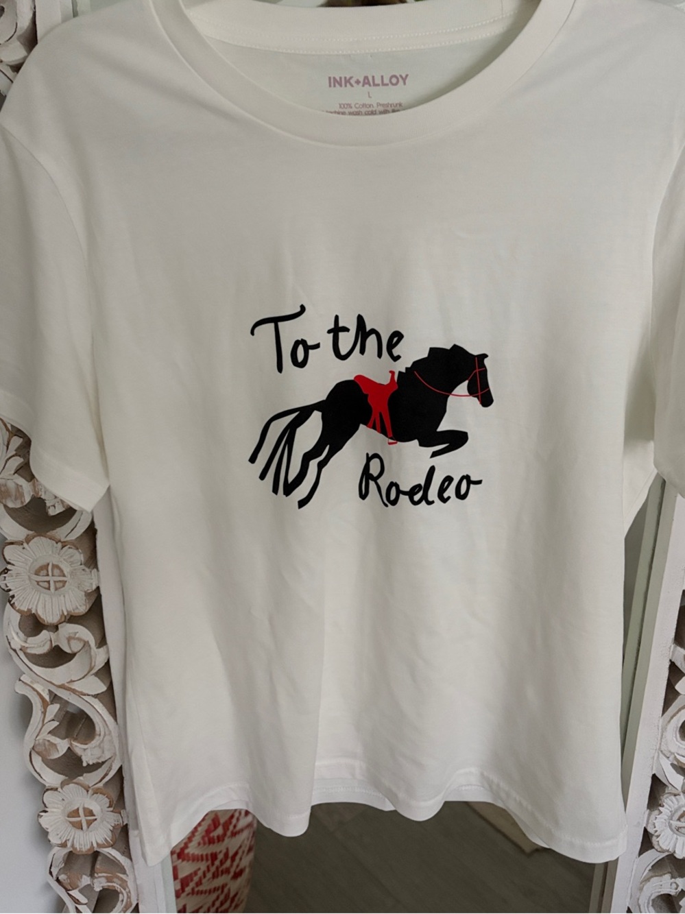 NWOT Ink and Alloy White Short Sleeve Tee with Black & Red Rodeo Horse graphic